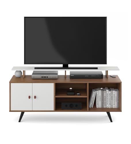 Image of A GLOBIA Creations Fynix TV Unit | Engineered Wood | TV Stand with Storage Cabinets & Open Shelves | Exotic Teak & Frosty White Finish | Knock Down | 36 Months Warranty