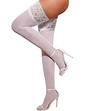 RSLOVE Lace Top Thigh High Stockings with Antiskid Silicone Stay Up Silky Semi Sheer Pantyhose Sexy Lingerie for Women White One Size
