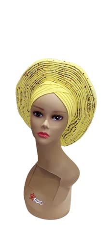 Miniatura 2 de African Auto Gele Head Tie Frenzy Fashion Nigerian HeadWrap Bufanda Mujeres Boda Ropa de Pelo - Amarillo