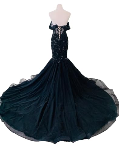 Ftupza Tulle Mermaid Wedding Dresses for Bride Off Shoulder Lace Wedding Gown Long Black Bridal Gown4