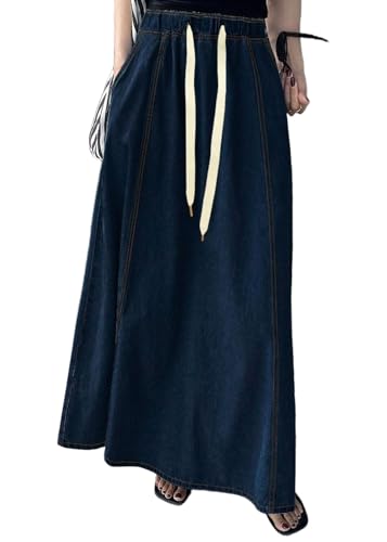 CHARTOU Women Elastic Waist Drawstring A Line Patchwork Maxi Long Jean Denim Skirt with Pockets