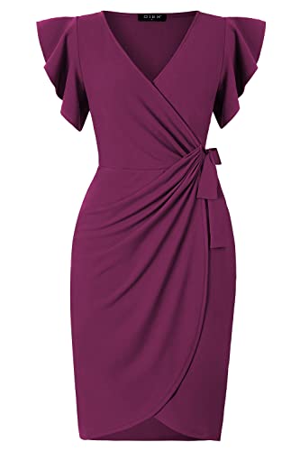 Image of oten Womens Deep V Neck Ruffle Sleeve Sheath Casual Cocktail Party Work Faux Wrap Dress
