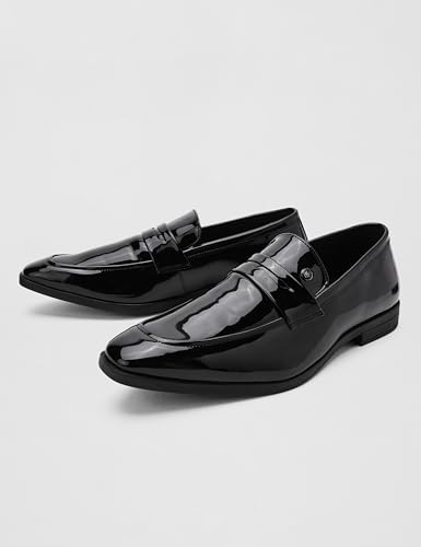 Image of Louis Philippe Men Patent Leather Breathable Lining Material Anti Slip with Heel TPR Sole Formal Slip-on Shoes