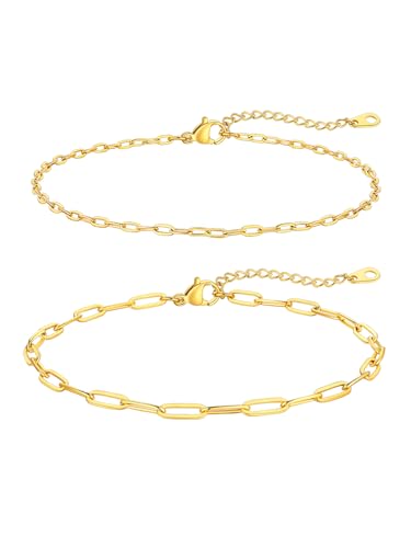 Image of FaithHeart Waterproof Ankle Bracelets for Women, 1 /2 /3Pcs Non Tarnish Stainless Steel Layered Anklet Set Paperclip Figaro Cuban Link Chain Dainty Summer Beach Jewelry Gift Adjustable Size