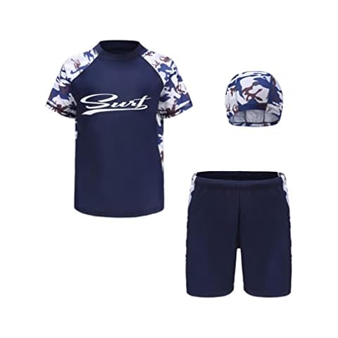 MSemis Kids Boys 2pcs Rashguard Set Short Sleeve Swim Shirt Top and Trunks Shorts Swimming Suit Camouflage Blue 12-13 Years Cover
