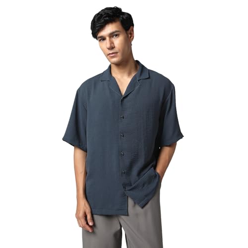 Image of Urbano Fashion Men's Cotton Half Sleeve Relaxed Fit Textured Shirt with Cuban Collar