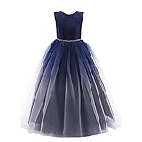 Glamulice Navy Blue Flower Girls Lace Dress Ombre White A-Line Princess Rhinestone Bridal Belt Sash Pageant Dresses Bridesmaid Party Dance Prom Classic Vintage Wedding Maxi Holiday Ball Gown 15 16
