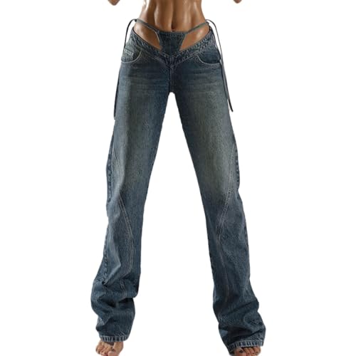 Y2k High Waisted V Strap Design Tie Side Loose Straight Leg Jeans for Women Y2k Denim Pants