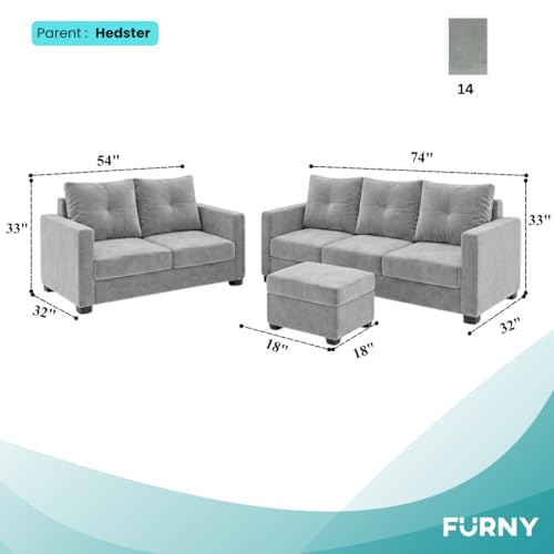 Image of FURNY Amonster 3 Seater + 2 Seater Fabric Sofa Set with 1 Ottoman (Light Gray) with Velvet Finish | Durable Comfort | Ideal for Living Room