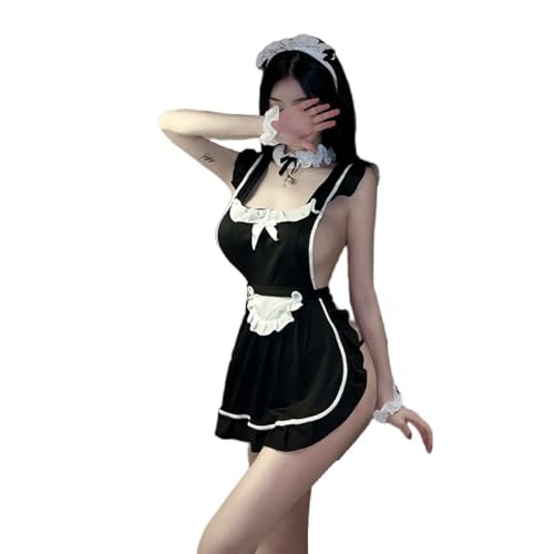 PIIKNUO Sexy Hausmädchen Kostüms Damen Dessous Schürze für Rückenfreies Reizwäsche Kleid Cosplay Riemenschürze Schwarze Durchschnittsgröße