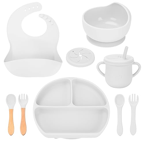 Image of Silicone Baby Feeding Set - REIKTLUD Baby Led Weaning Supplies - Silicone Suction Bowls Divided Plates, Sippy and Snack Cup - Toddler Self Feeding Eating Utensils Set Bib, Spoons, Fork (Grayish-white)