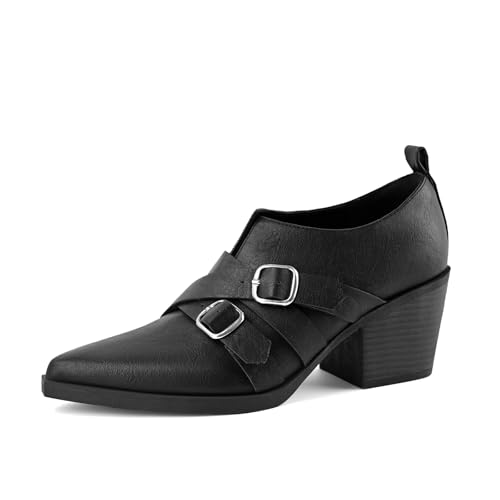 Chunky Heel Penny Loafers for Women Closed Pointed Toe Block Heels Cross Buckle Strap Slip On Classic Vintage Pumps Dress Shoes Elegant for Work Office Party Daily Wear