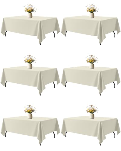 Image of Niuara Ivory Polyester Table Cloth, 6 Pack, 60 x 102 in | Rectangle, 5 ft Tables, Washable, Wrinkle Resistant, Weddings Parties