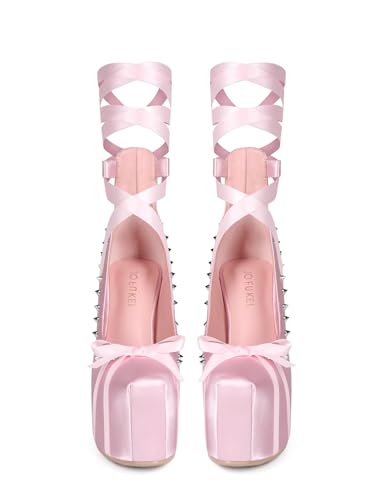 Mary Jane Sweet Lolita Platform High Heeled Pumps, Kawaii Ballet Cosplay Anime Satin Lace Bow Ribbon Rivets, Y2K Punk Goth Hot Lovely Girl Big Large Size Baroque Shoes for Women Men2