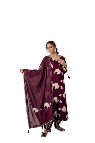 Image of ishin Quirky Printed Rayon A-line Kurta paired with Afghani Pants and Flowy Chiffon Hand Tassel Dupatta