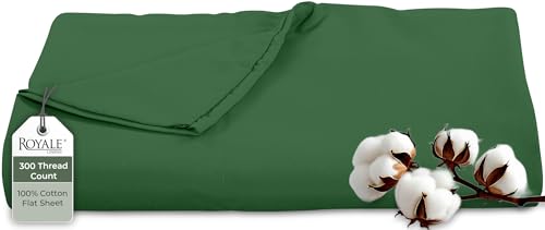 Image of Royale Linens 300 Thread Count 100% Long Staple Combed Cotton Flat Sheet - Super Soft- Top Sheets -Queen Flat Sheet Sold Separately- Breathable, Cool & Crisp Percale Sheets Only (Queen, Hunter Green)