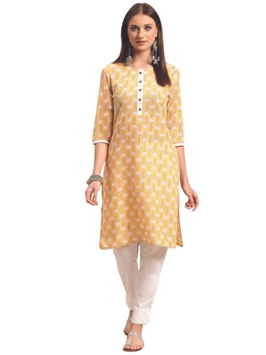 Image of rangita Yellow Cotton Knee Length Printed Straight Kurti for Women | Kurta for Women