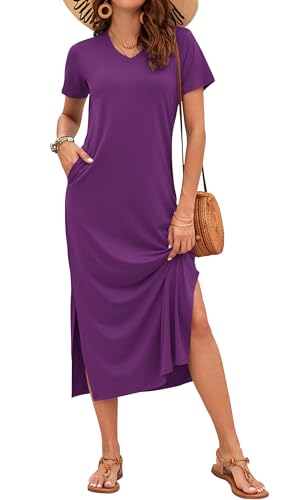 Image of MISFAY Women Summer Maxi Dresses 2026 Casual Short Sleeve Long T Shirt Dress Split Beach Sundress Travel Vacation with Pocket(Purple,XL)