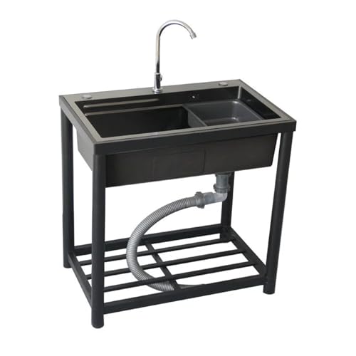 Fregadero Portatil, Fregadero Exterior Jardin, con Grifos de Agua Fría y Caliente, Manguera y Kit de Desagüe, Ideal para Uso Doméstico y Comercial(Black,71x49x80cm/28x19x31in)