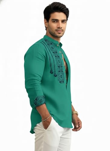 Image of Amazon Brand - INKAST Men's Cotton Blend Mandarin Collar Self One Design Full Sleeve Casual Short Kurta