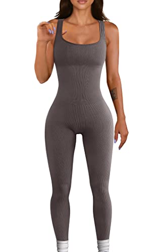 OQQ Women's Yoga Ribbed One Piece Tank Tops Rompers Sleeveless Exercise Jumpsuits, Tea Leaf3, M