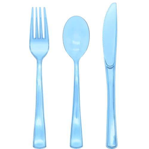 150 Pieces Blue Plastic Silverware, Clear Blue Cutlery Heavy Duty...