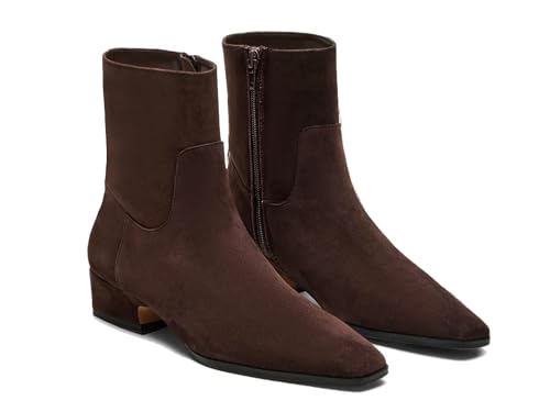 Coutgo Womens Booties Low Heel Ankle Boots Square Pointed Toe Chunky Heel Side Zipper Dressy Fall Boots Shoes