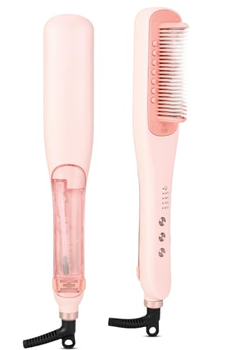 AraSyleon - Steam Hair Straightener Brush, Straightening Brush for Thick and Coarse Hair, Steam Reduces Dryness Nourishes Hair Fast Heating Effective Smooth Frizz-free, Dual Voltage, Pink