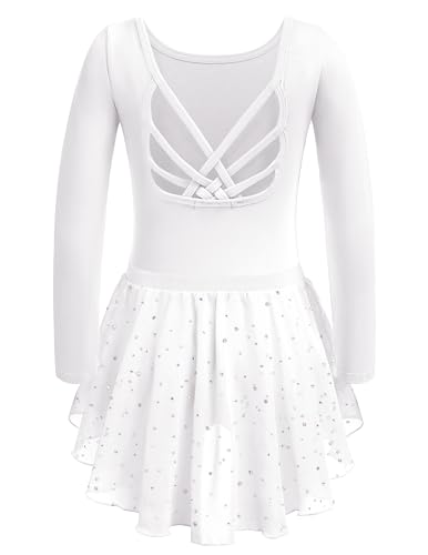 Arshiner Vestido de Ballet Infantil de Algodón Blanco de Dos Piezas Leotardo de Ballet de Manga Larga para Niña Vestido de Bailarina Sin Espalda Body de Baile para Niños con Tutú 3-4 Años
