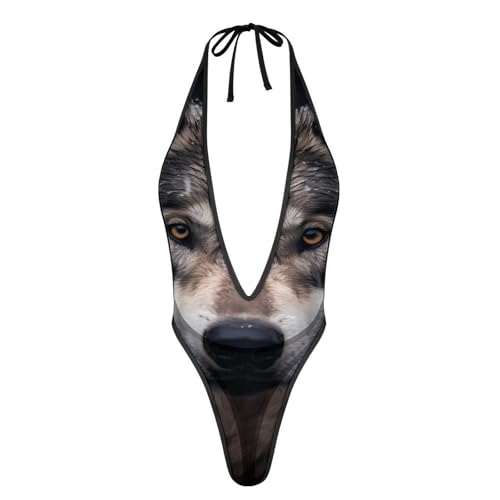 White Snow Wolf Deep V Halter Lingerie Bodysuit Sexy Mesh Teddy Babydoll for Women 1 Piece S