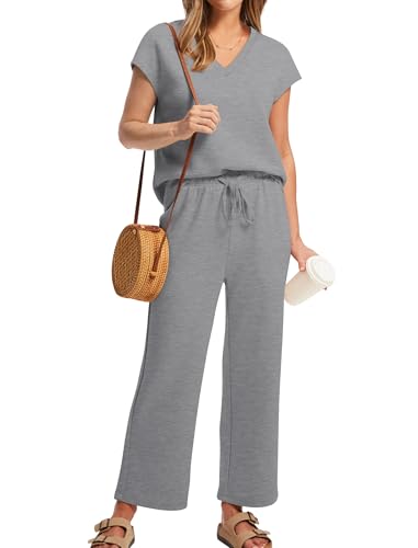 Image of Saloogoe Two Piece Sets for Women Summer Outfits Lounge Sets V Neck Tops Wide Leg Pants Woman Vacation Travel Outfits
