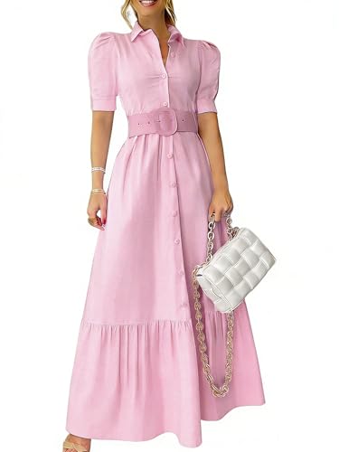Image of utcoco Womens Striped Button Down Shirt Dress Casual Puff Short Sleeve Ruffle Hem Maxi Dresses with Belt