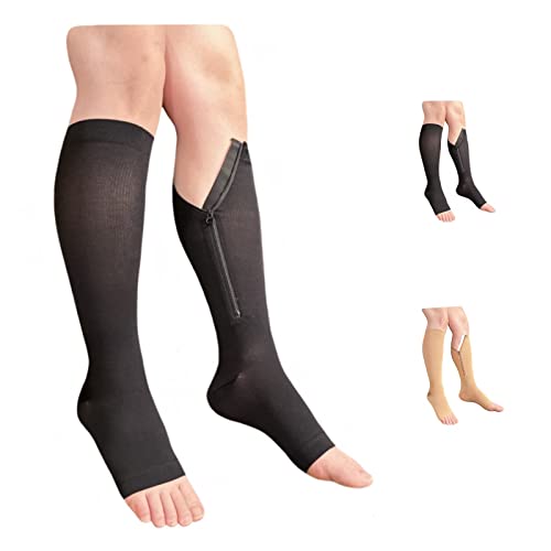 Ziperior Inside Leg Zipper 20-30 mmHg Compression Grade Calf Open Toe Socks (Black, 4X-Large)
