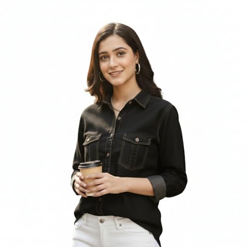 Image of Women's Denim Shirt with Regular Fit Solid Pattern Long Sleeve Collared Neck and Button Down Closure|Women's Denim Shirt