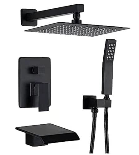 Shower System Luxury bathroom Shower Faucet Fixtures, Waterfall Tub Spout with 10 inches Rainfall Shower Head and Valve Wall Mount Shower Faucet Set(Matte Black)