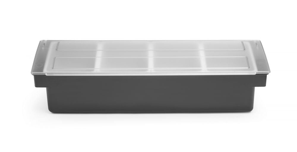HENDI Portacondimentos de Bar, Bandeja de Guarniciones para Cócteles BarUp, Caja Organizadora con Tapa Transparente, 4 Contenedores de Polipropileno, 480x150x(H) 100mm, HIPS, Negro
