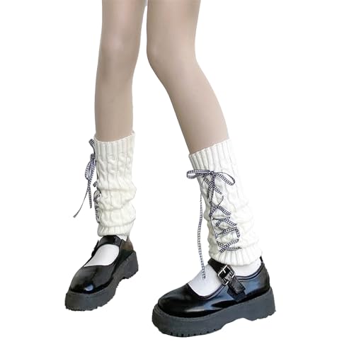 Image of Triplewood Y2K Warm Long Leg Warmers for Women White Knitted Girls Leg Warmer Socks Winter Accessory