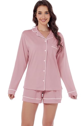 Image of LUBOT 100% Cotton Pajamas for Women 2PC PJ Set Womens Soft Long Sleeve Button-Down Shirt Two Piece Set Sleepwear Loungewear Night Suit (Ash Pink, 2XL)