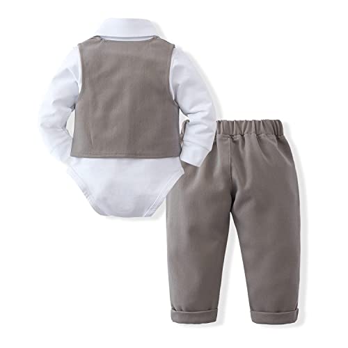 Disaur Baby Boy Clothes Toddler Boy Outfits, 4Pc Gentleman Dress Romper + Vest + Pants + Bow Tie Cotton Suit Set (Gray,3-6 Months) #TOP6