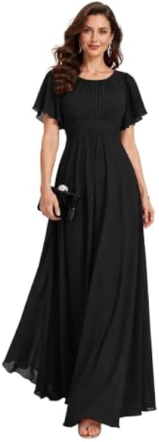 Women's Spring Elegant Round Neck Short Sleeve Chiffon Empire Waist Floor Length Formal Dresses Bridesmaid Dress