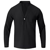 Henley - Maglietta da uomo in tinta unita con bottoni, a maniche lunghe, traspirante, elegante, a maniche lunghe, scollo rotondo, oversized, T3 nero, 3XL