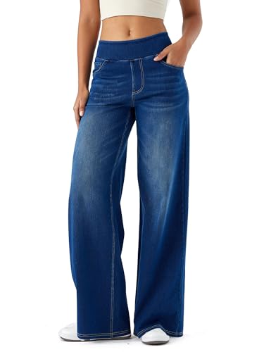 LaiEr Damen Denim Hose mit weitem Bein, hohe Taille, gerades Bein, lockere Passform, Unregelmäßiger handgeriebener Katzenschnurrhaarverlauf hohe Elastizität Casual Jeans(DarkBlueL)
