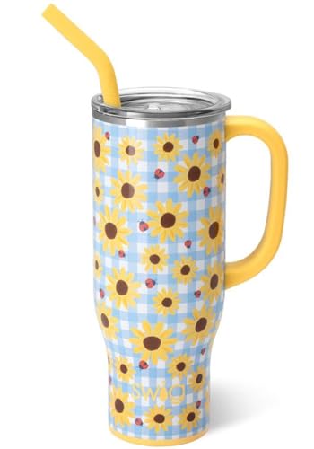 Swig Life Mega taza de 30 onzas, vaso de 30 onzas con asa y popote, apto para portavasos, apto para lavavajillas, vaso aislado extragrande, botella de agua de acero inoxidable (cesta de picnic)