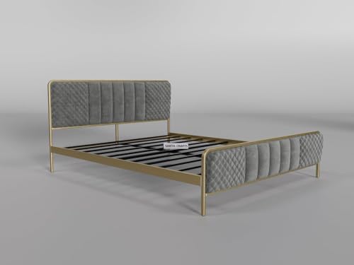 Image of Modern Upholstered Queen Size Bed for Bedroom | Metal Double Bed | Platform Cot Bed with Upholstery Premium Fabric | (6.5 x 5 Ft) | Powder Coated Bed | Grey