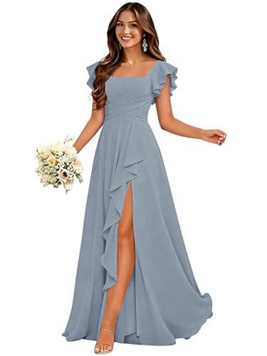 Rouinmo Square Neck Bridesmaid Dresses for Women with Slit Chiffon A-line Pleats Ruffle Formal Evening Gown 2026 Dusty Blue US2