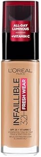 L'Oréal Paris Liquid Foundation, Full Coverage, Lasting Wear, With Vitamin C and SPF 25, Infallible 32H Fresh Wear, 250 Radiant Sand