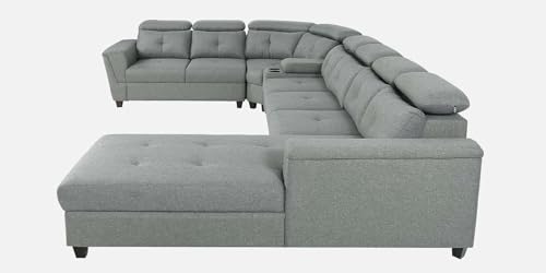 Image of Torque Arnold Fabric 8 Seater Sofa with Lounger and Cup Holder Light Grey | Corner Sofa Couch with Moveable Headrest | U Shape Sectional Sofa Set Living Room Office Home
