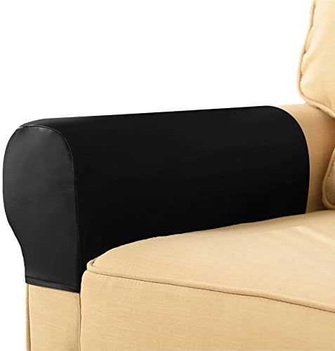 EIVMAX Set of 2 Waterproof PU Leather Stretch Armrest Covers for Chairs and Sofas Armchair Slipcover for Recliner Sofa Anti-Slip Washable Black Sofa Arm Covers Protector (Black)