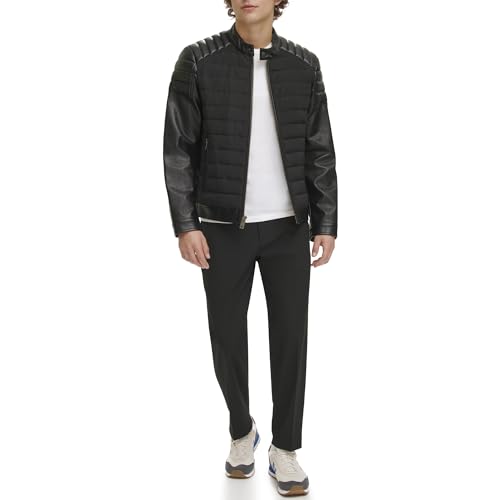 DKNY Men's Mixed Media Faux Leather Puffer Motocros Racer Jacket2