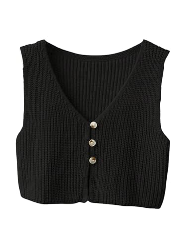 Image of SweatyRocks Women's Button Front Sweater Vest Split V Neck Sleeveless Crop Knit Tops
